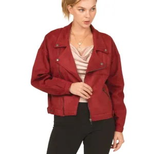 Chic Faux Suede Burgundy Moto Jacket