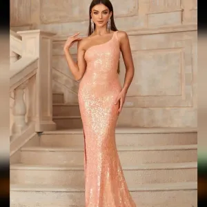 Chic Peach Sequin One-Shoulder Dress