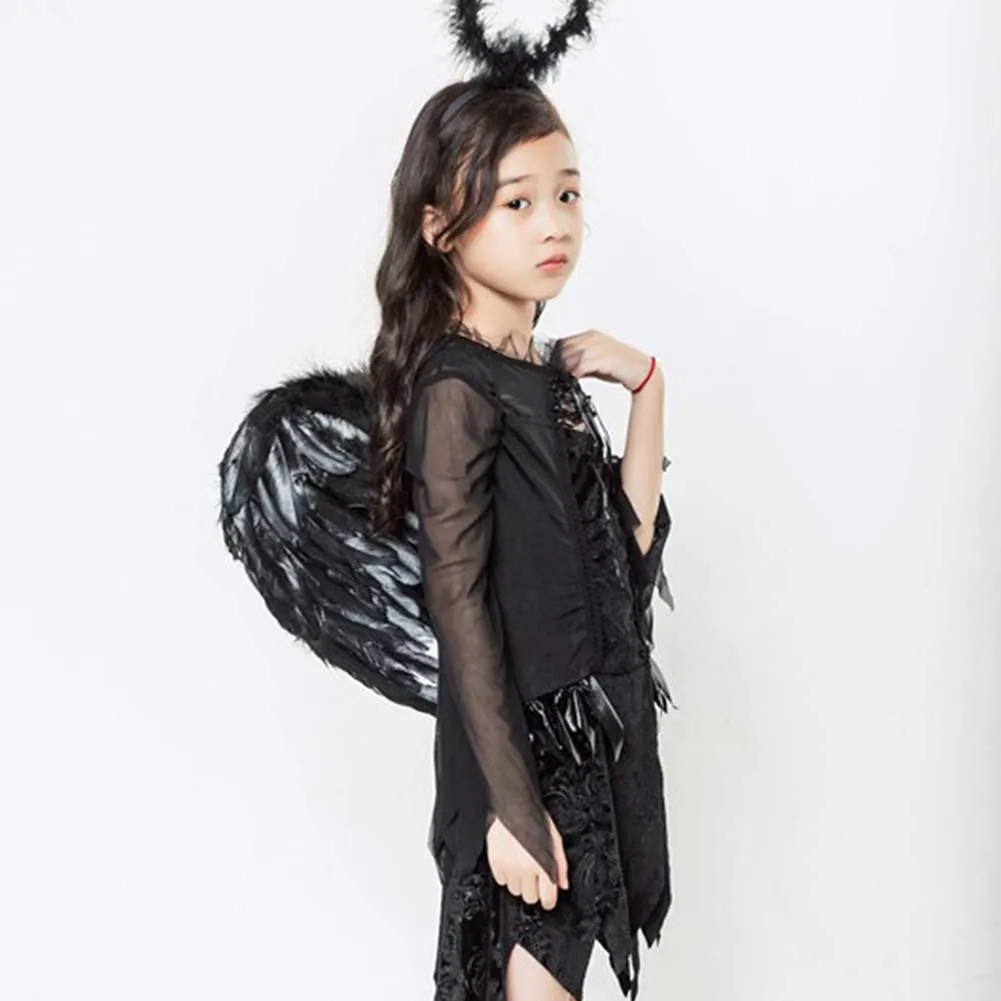 Childrenswear Kids Children Girls Black Angel Dress Cosplay Costume Outfits Halloween Carnival Suit