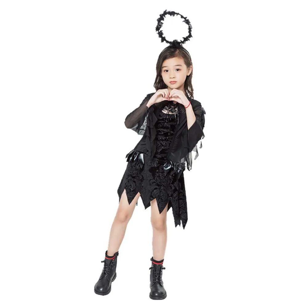 Childrenswear Kids Children Girls Black Angel Dress Cosplay Costume Outfits Halloween Carnival Suit