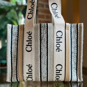 CHLOE Woody Ribbon Tote Medium Multicolor Knitted Canvas Tote Bag