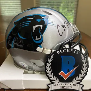 CHRISTIAN MCCAFFREY SIGNED AUTOGRAPHED CAROLINA PANTHERS MINI HELMET BECKETT