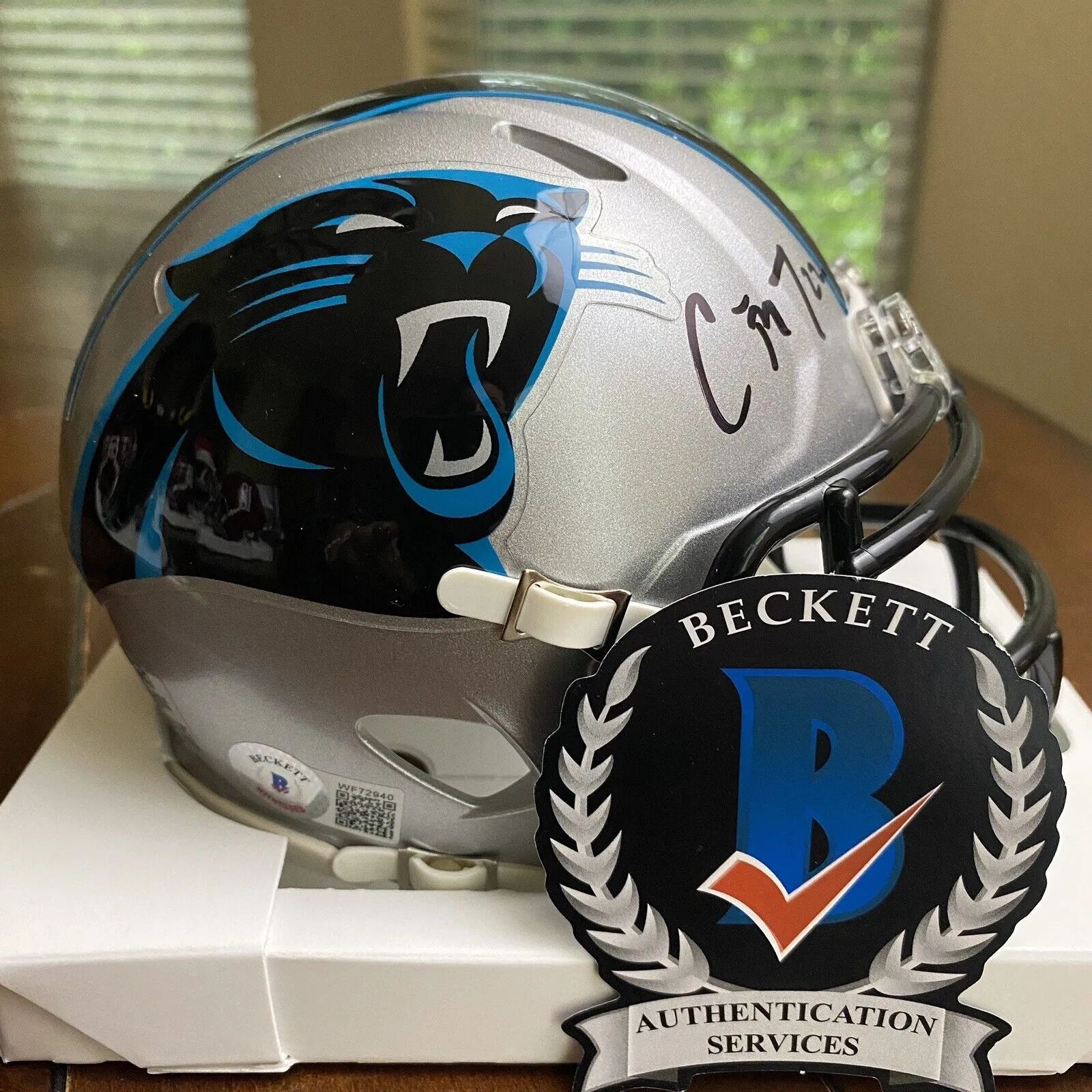 CHRISTIAN MCCAFFREY SIGNED AUTOGRAPHED CAROLINA PANTHERS MINI HELMET BECKETT