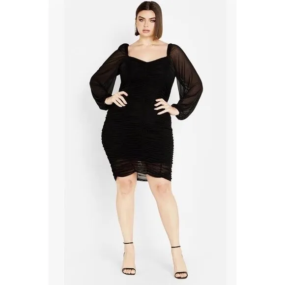 CITY CHIC Ruched Knee Length Long Sleeve Black MESH Dress Women PLUS Size XXL 24