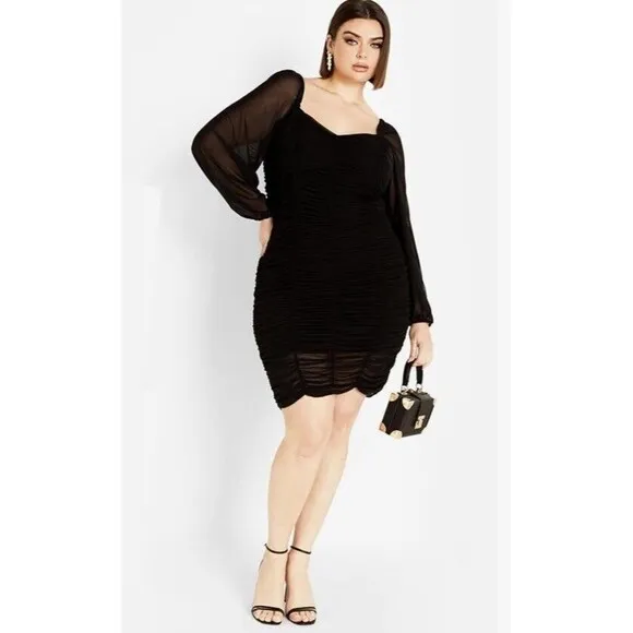 CITY CHIC Ruched Knee Length Long Sleeve Black MESH Dress Women PLUS Size XXL 24