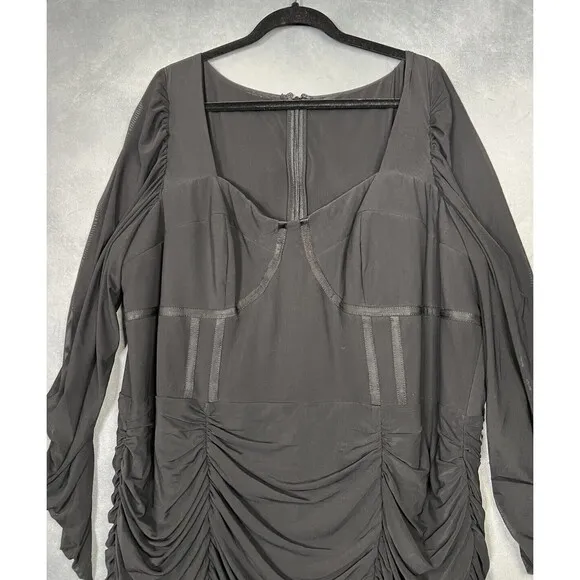 CITY CHIC Ruched Knee Length Long Sleeve Black MESH Dress Women PLUS Size XXL 24