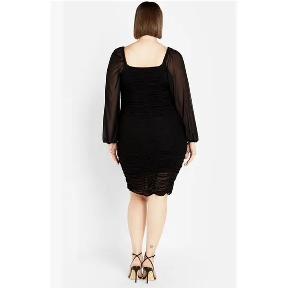 CITY CHIC Ruched Knee Length Long Sleeve Black MESH Dress Women PLUS Size XXL 24
