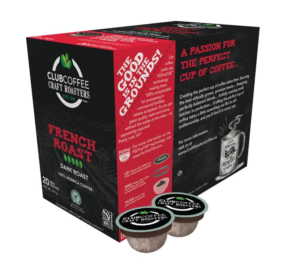 Club Coffee Craft Roasters | French Roast Single Serve Pods | 120 Count (20 Count, Pack of 6) | Compostable Coffee Pods | Keurig Brewer Compatible | Rainforest Alliance Certified