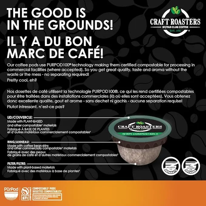 Club Coffee Craft Roasters | French Roast Single Serve Pods | 120 Count (20 Count, Pack of 6) | Compostable Coffee Pods | Keurig Brewer Compatible | Rainforest Alliance Certified