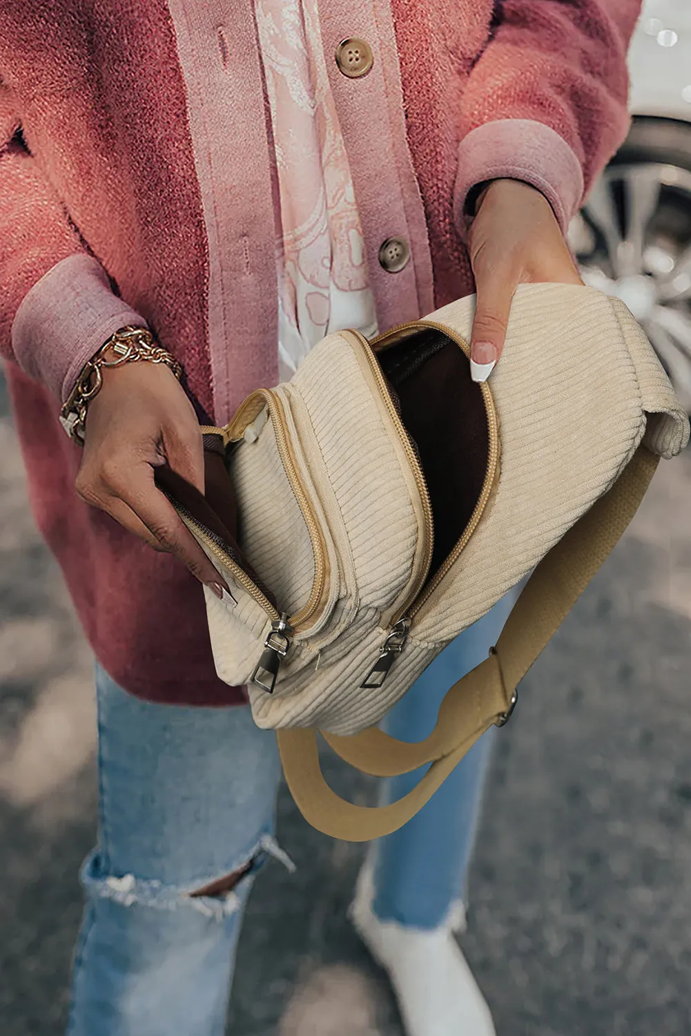 Corduroy Zipper Crossbody Bag