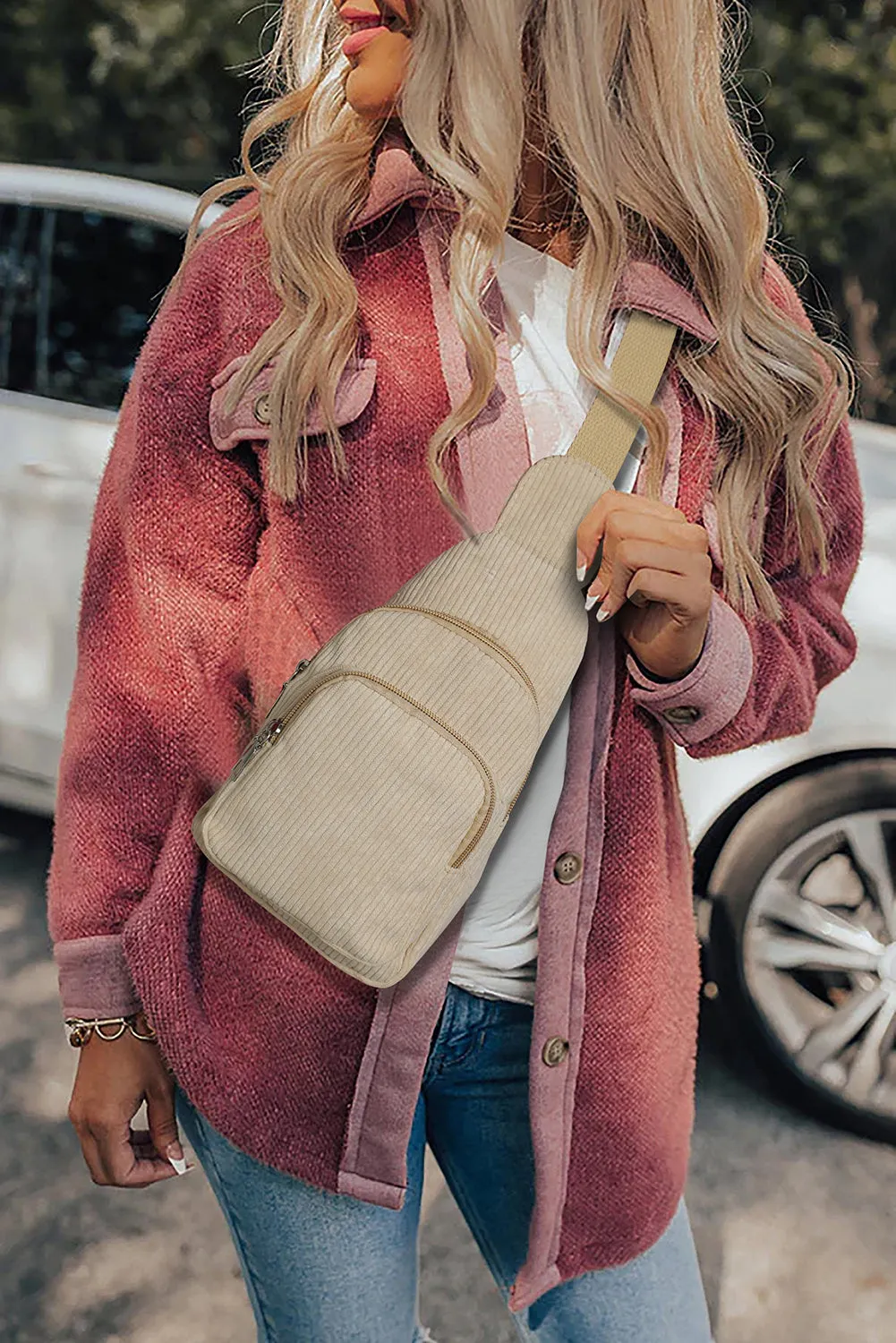 Corduroy Zipper Crossbody Bag