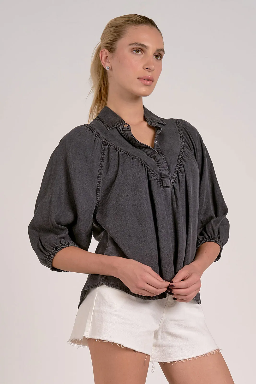 Courtney Denim 3/4 Sleeve Bubble Sleeve Blouse