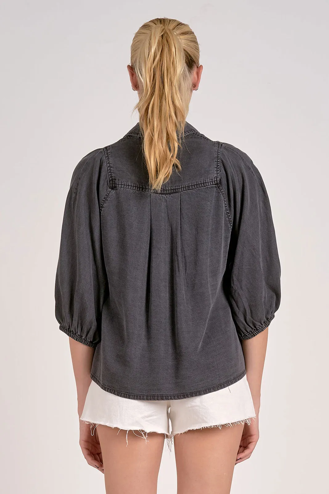 Courtney Denim 3/4 Sleeve Bubble Sleeve Blouse