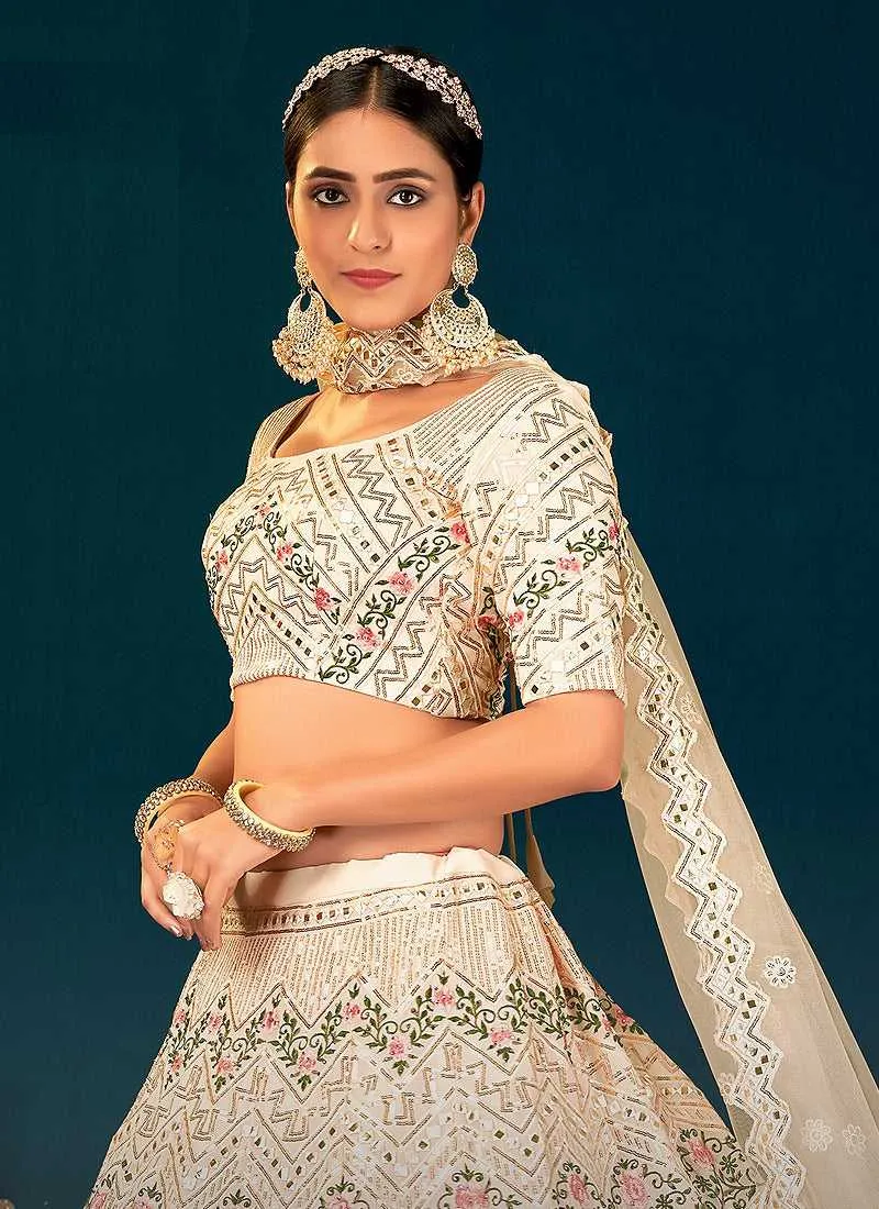 Cream Multicolor Heavy Embroidered Designer Lehenga Choli