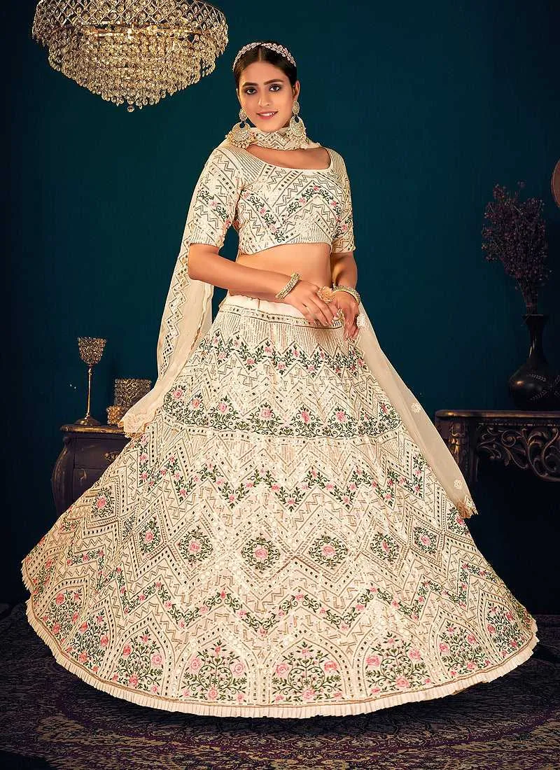Cream Multicolor Heavy Embroidered Designer Lehenga Choli