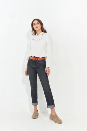 CRONOS - Blouse écrue jacquard motif rayures fantaisie