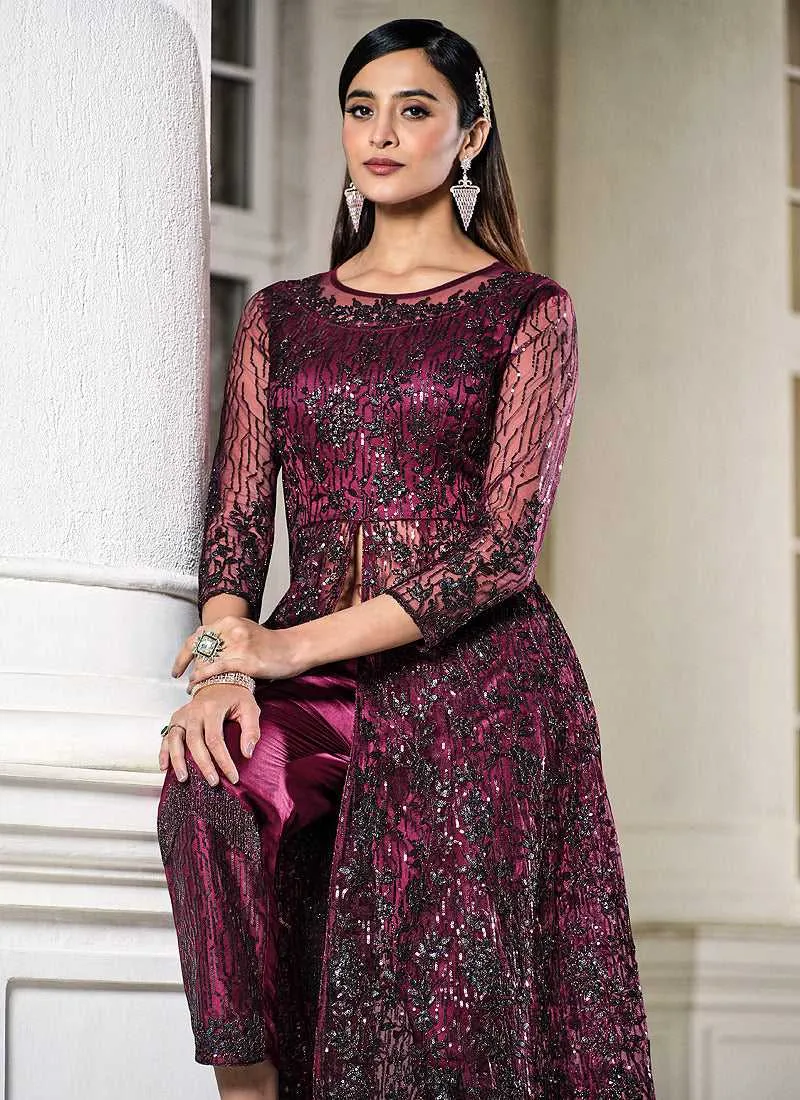 Dark Pink Floral Embroidered Stylish Lehenga/ Pant Style Anarkali