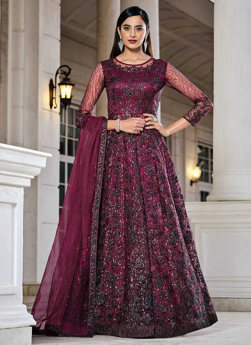 Dark Pink Floral Embroidered Stylish Lehenga/ Pant Style Anarkali