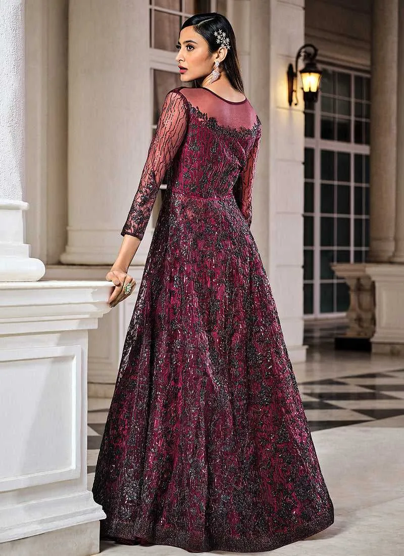 Dark Pink Floral Embroidered Stylish Lehenga/ Pant Style Anarkali