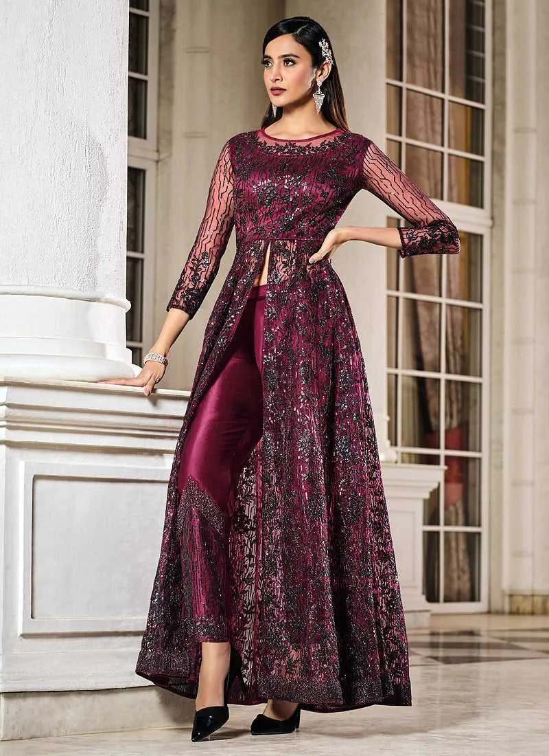 Dark Pink Floral Embroidered Stylish Lehenga/ Pant Style Anarkali