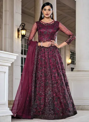 Dark Pink Floral Embroidered Stylish Lehenga/ Pant Style Anarkali