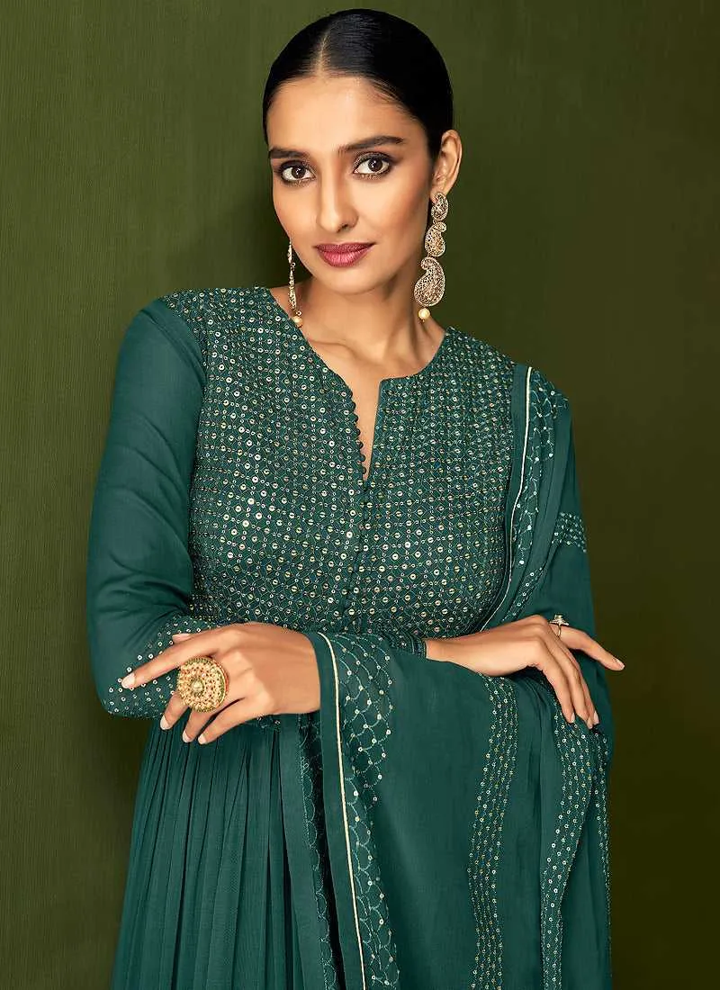 Dark Teal Heavy Embroidered Designer Sharara Suit
