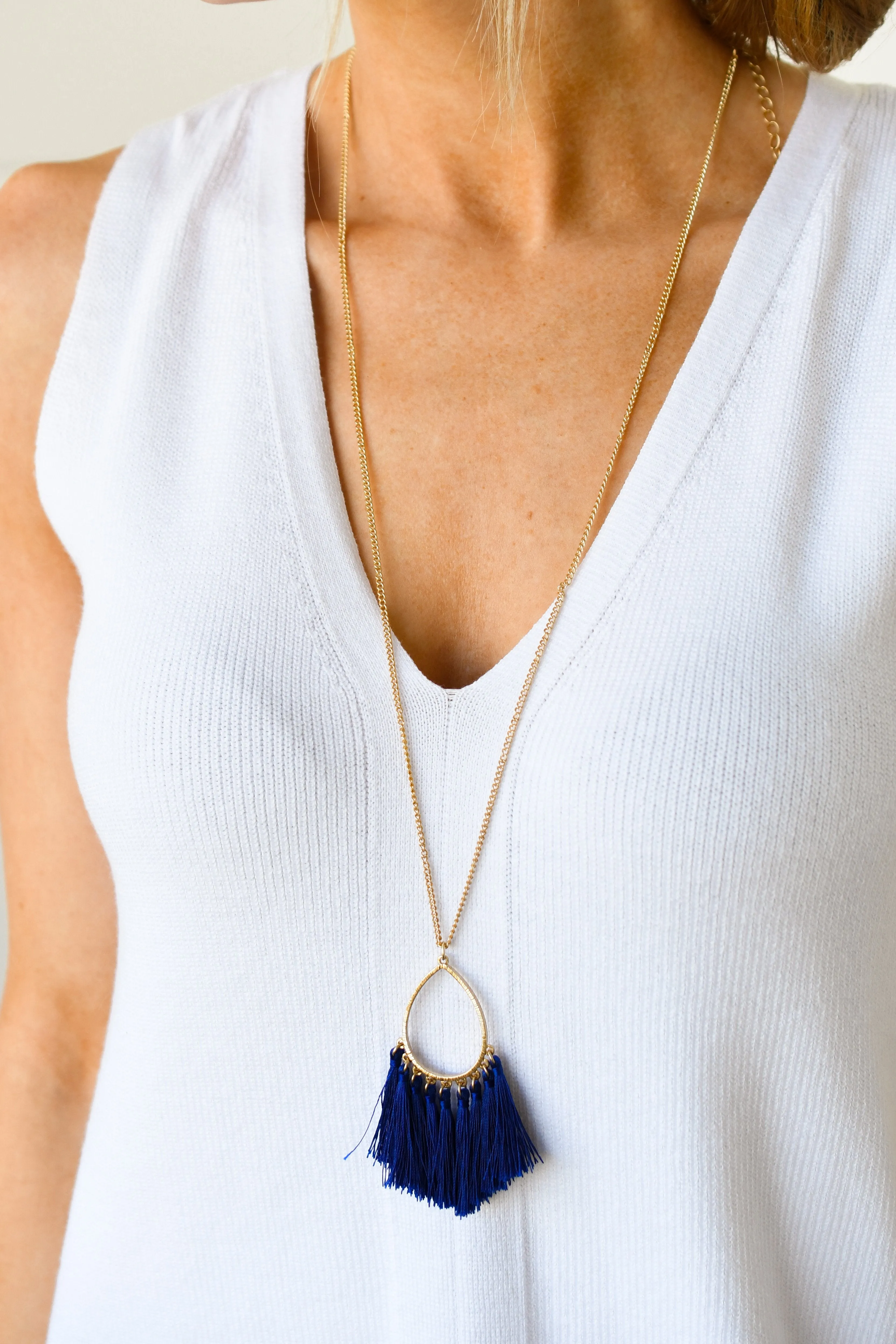 Dazzling Skies Long Tassel Necklace- Indigo Blue