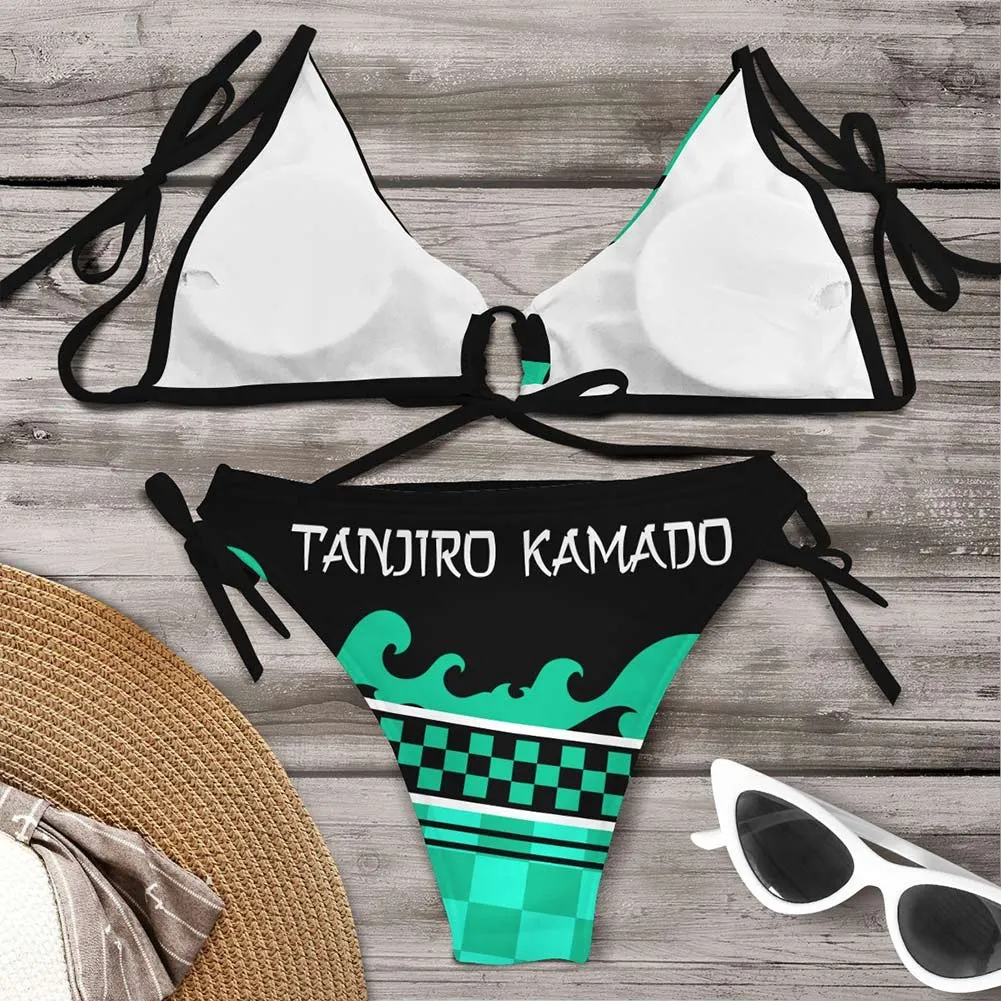 Demon Slayer Kamado Tanjirou Bikni Swimsuit Two Pieces Set Cosplay Costume Outfits Halloween Carnival Suit