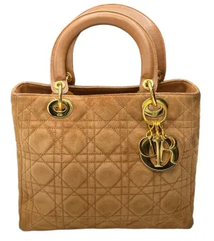 DIOR Quilted Camel Suede Cannage Lady Dior Tote Authenticated