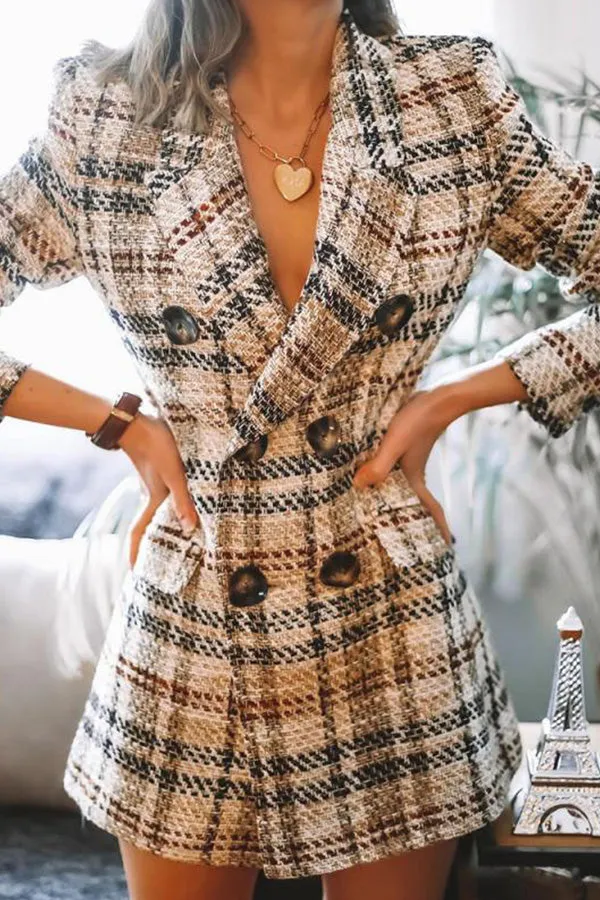 Double breasted printed Plaid Wool Coat