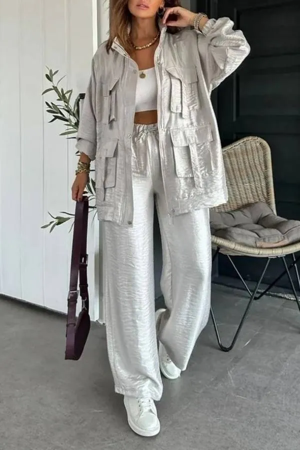 Easy on Me Metallic Fabric Elastic Waist Pocketed Wide Leg Pants