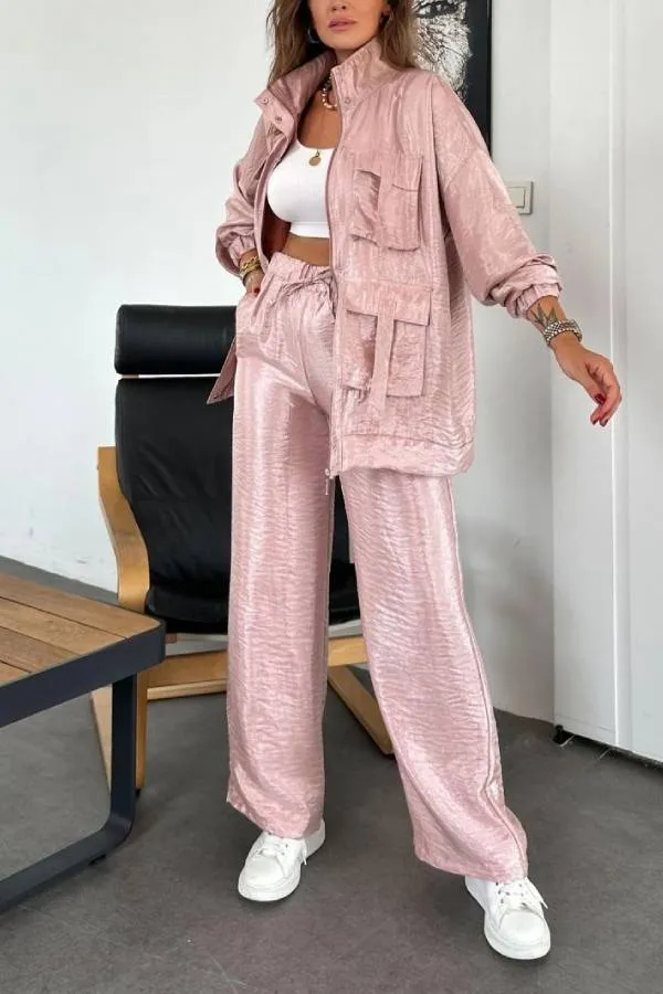 Easy on Me Metallic Fabric Elastic Waist Pocketed Wide Leg Pants