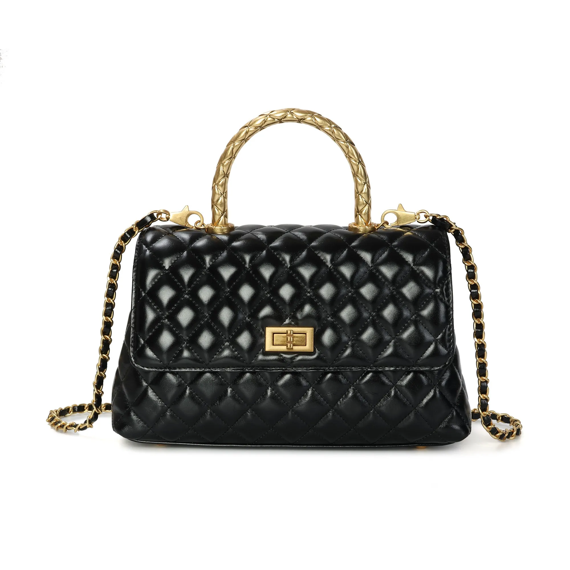 Elegant Quilted Top Handle Bag with Chain Strap