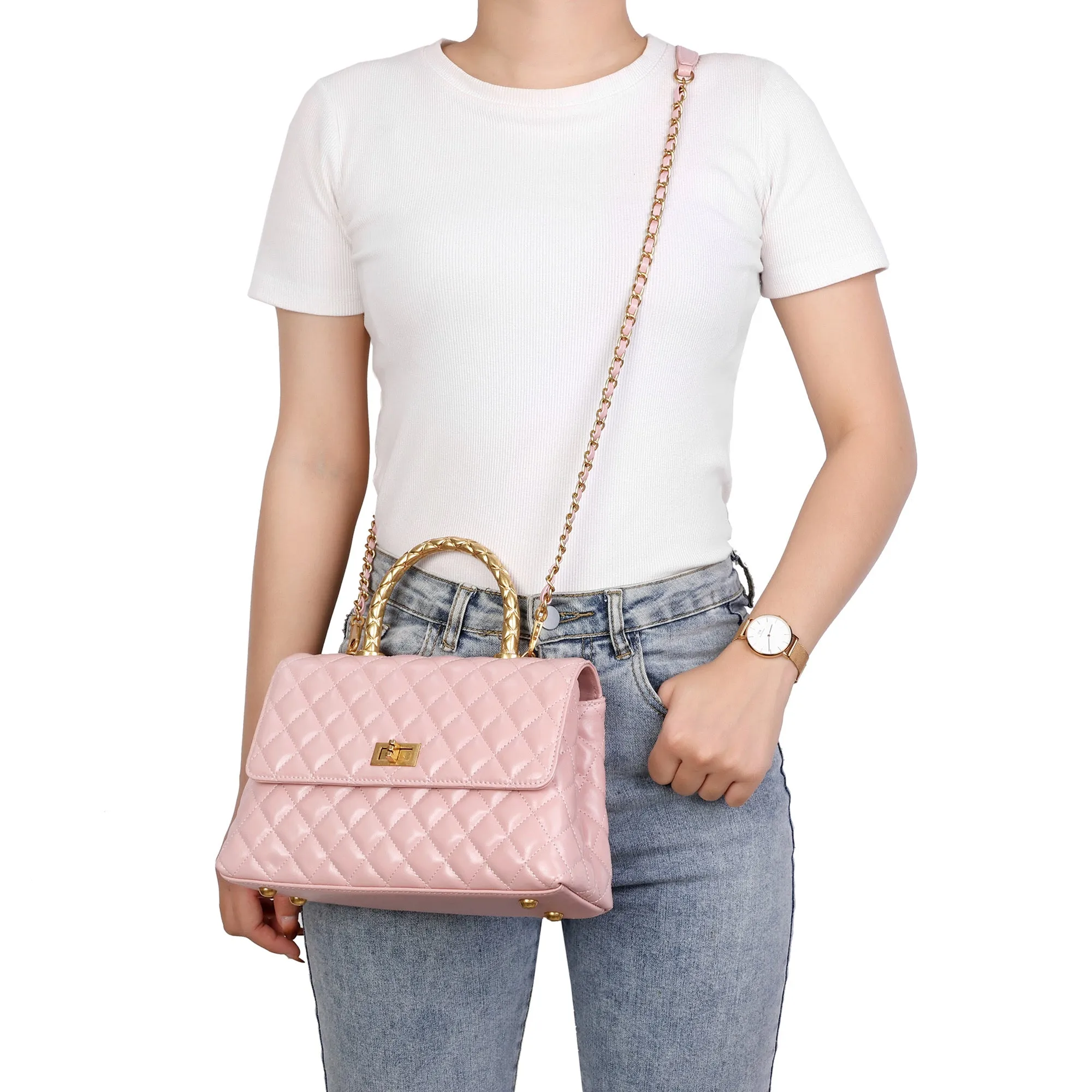 Elegant Quilted Top Handle Bag with Chain Strap