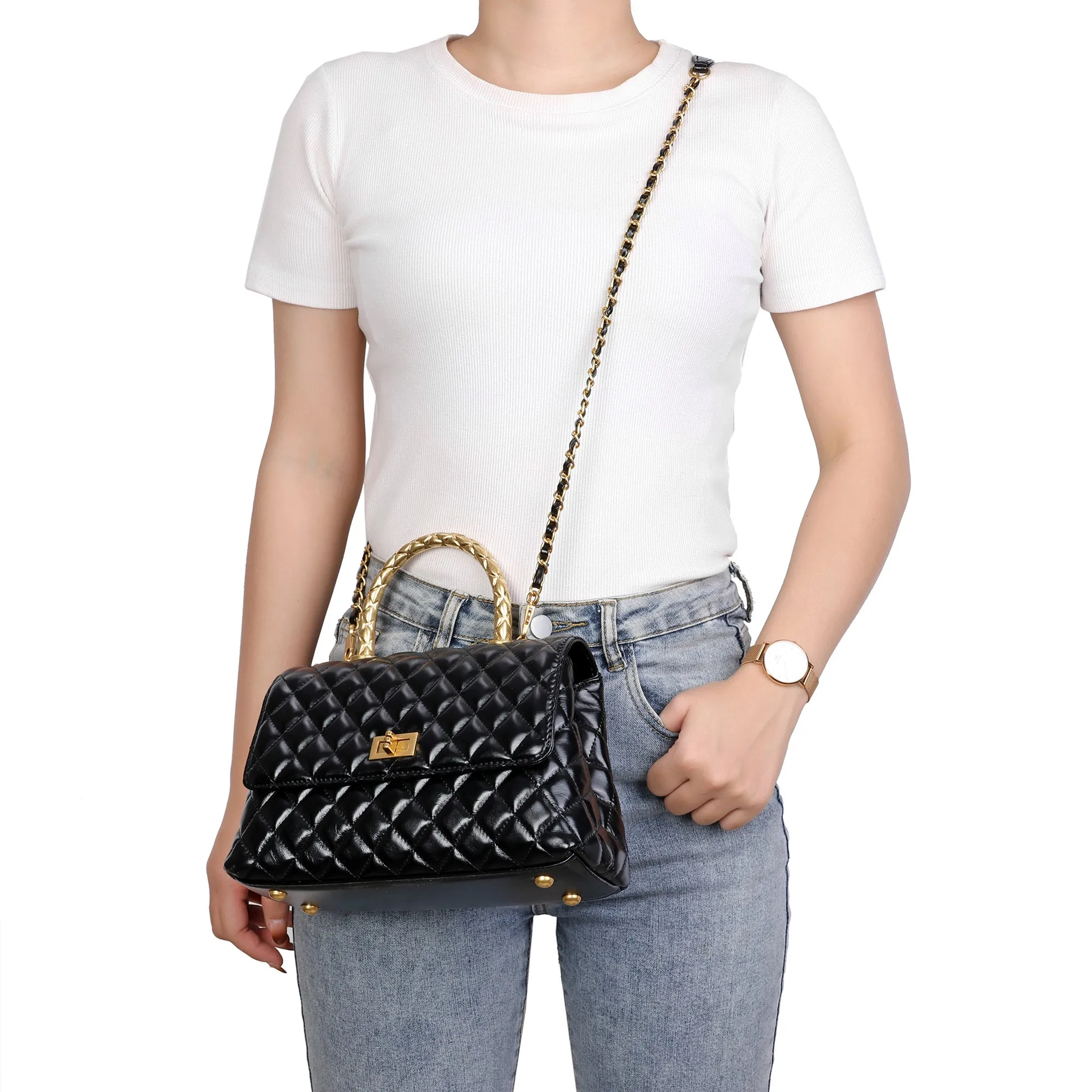 Elegant Quilted Top Handle Bag with Chain Strap