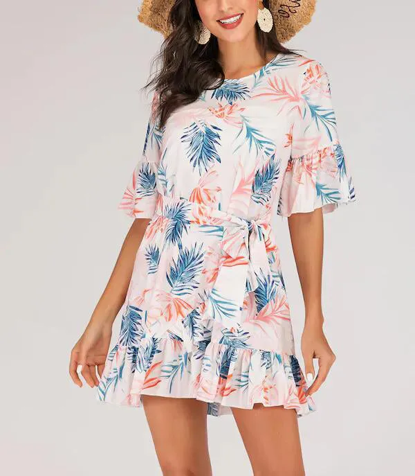 Explosive Print Waist Horn Sleeve Ruffle Dress