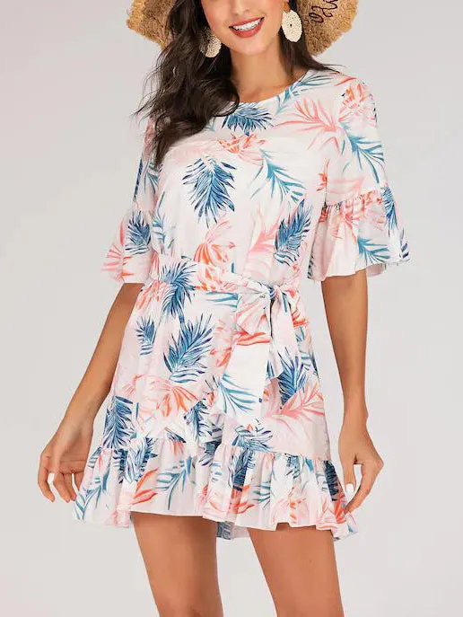 Explosive Print Waist Horn Sleeve Ruffle Dress