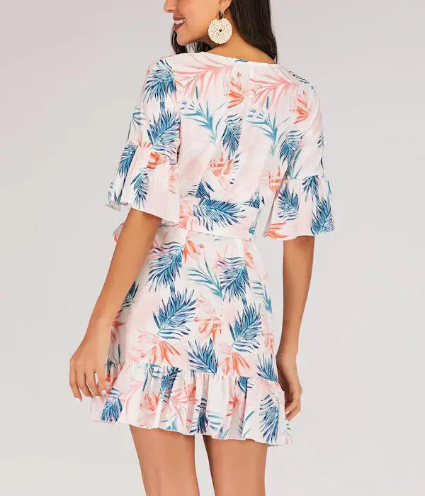 Explosive Print Waist Horn Sleeve Ruffle Dress