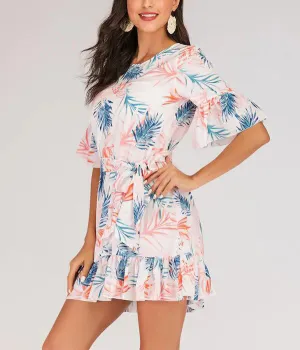 Explosive Print Waist Horn Sleeve Ruffle Dress