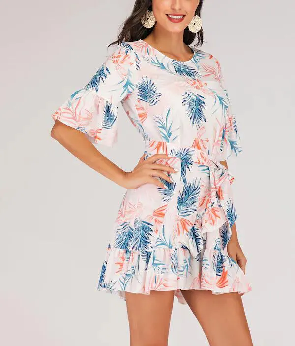 Explosive Print Waist Horn Sleeve Ruffle Dress