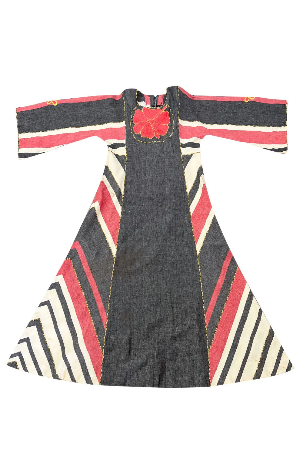 Fabulous 1960s Josefa Hand Muted Charcoal & Coral Cotton Caftan w Hand Embroidered Details