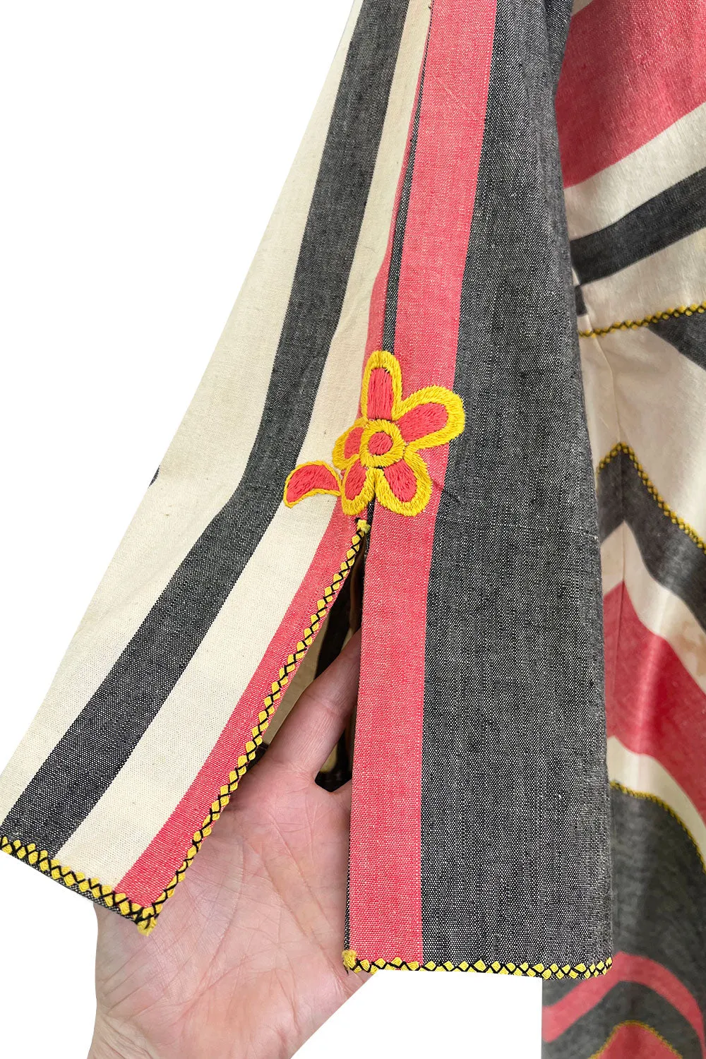 Fabulous 1960s Josefa Hand Muted Charcoal & Coral Cotton Caftan w Hand Embroidered Details