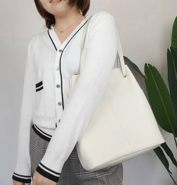 Fashion Womens Black Leather Tote Bag Vertical Brown Shoulder Tote Bag Bucket Tote For Women