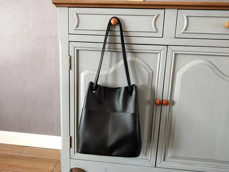 Fashion Womens Black Leather Tote Bag Vertical Brown Shoulder Tote Bag Bucket Tote For Women