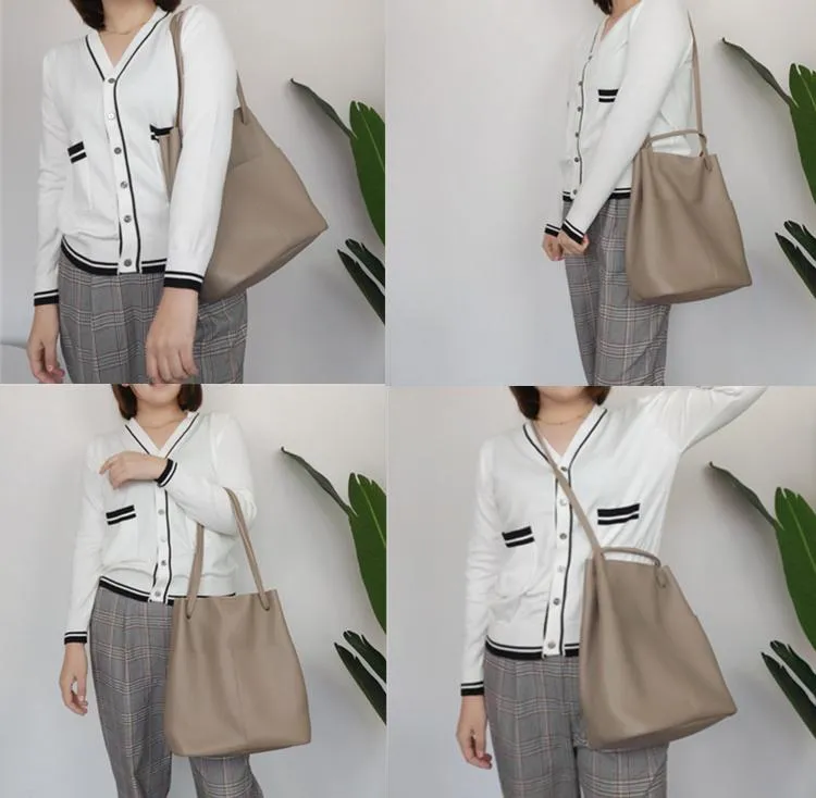 Fashion Womens Black Leather Tote Bag Vertical Brown Shoulder Tote Bag Bucket Tote For Women