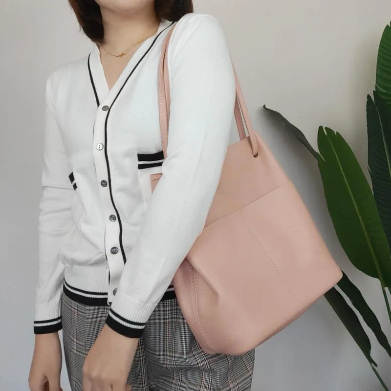 Fashion Womens Black Leather Tote Bag Vertical Brown Shoulder Tote Bag Bucket Tote For Women