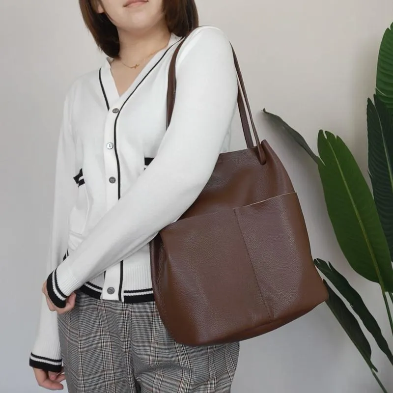 Fashion Womens Black Leather Tote Bag Vertical Brown Shoulder Tote Bag Bucket Tote For Women