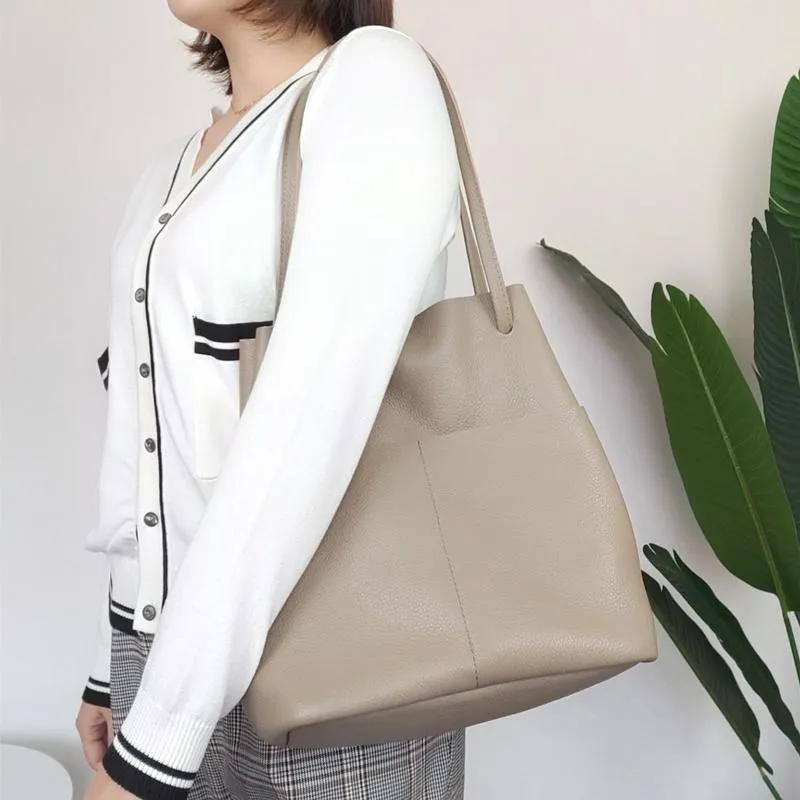 Fashion Womens Black Leather Tote Bag Vertical Brown Shoulder Tote Bag Bucket Tote For Women