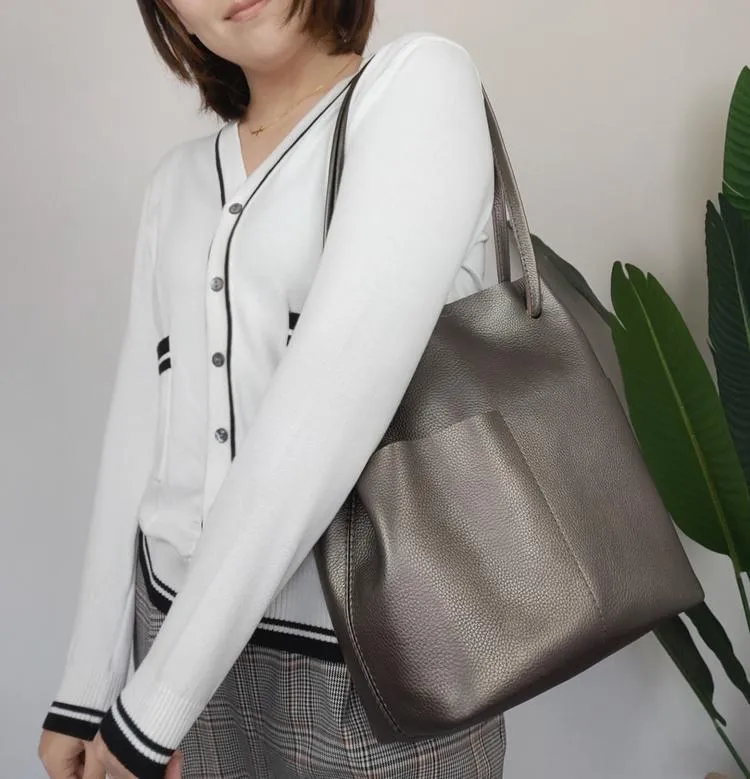 Fashion Womens Black Leather Tote Bag Vertical Brown Shoulder Tote Bag Bucket Tote For Women