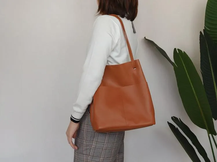 Fashion Womens Black Leather Tote Bag Vertical Brown Shoulder Tote Bag Bucket Tote For Women